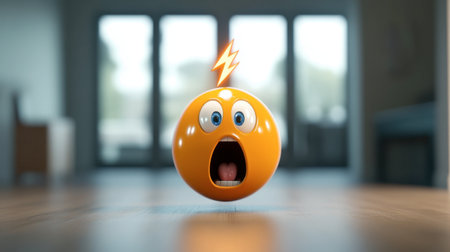A vibrant orange emoji displaying a surprised expression with a lightning bolt, capturing fun and energy in a playful indoor setting.の素材