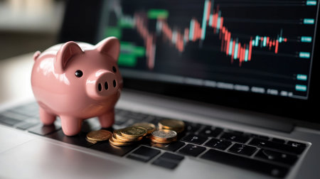 A piggy bank and coins on a laptop keyboard with a stock chart in the background, symbolizing savings, investment, and financial planning in a digital age.の素材