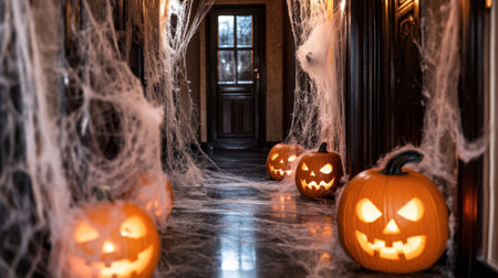 Experience a charming Halloween atmosphere with carved pumpkins glowing along a spooky corridor, adorned with cobwebs and festive decor for the season.の素材