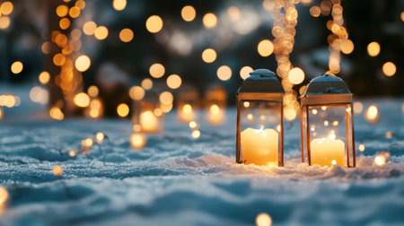 Two lanterns with glowing candles sit in the snow, surrounded by twinkling lights. This serene winter scene invites warmth and a cozy atmosphere.の素材