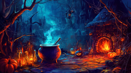 Explore an enchanting Halloween scene featuring a witch's cauldron, flickering firelight, and spooky decorations amidst a dark forest backdrop.の素材