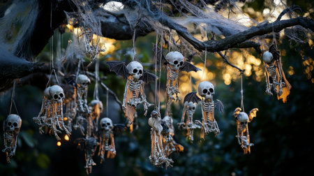 This captivating Halloween scene features hanging skeletons draped in cobwebs, creating a spooky atmosphere perfect for festive gatherings.の素材