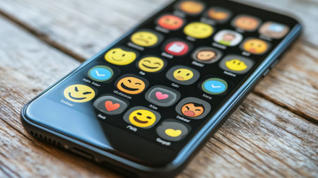 Close-up view of a smartphone displaying a vibrant array of colorful emoji icons, representing various emotions and enhancing digital communication and interaction.の素材