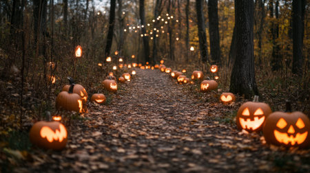 A captivating autumn pathway illuminated by glowing pumpkins, surrounded by tall trees and fallen leaves, creating a magical Halloween atmosphere.の素材