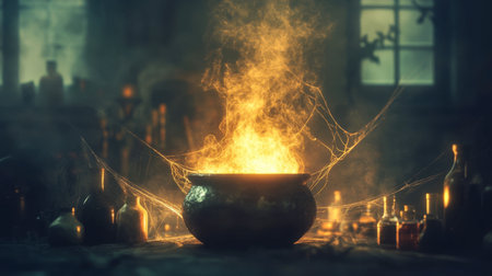 An atmospheric scene featuring a cauldron with vibrant flames surrounded by dark shadows. Ideal for projects focused on magic, mystery, and witchcraft.の素材