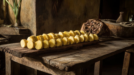 Freshly sliced roots are elegantly displayed on a rustic wooden table, showcasing the beauty of natural ingredients in a warm kitchen setting.の素材