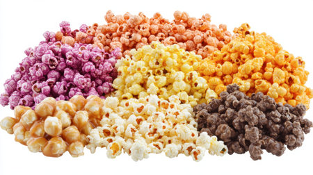 Discover a vibrant assortment of gourmet popcorn in various colors and flavors, perfect for celebrations, parties, or movie nights, showcasing a delightful snack.の素材