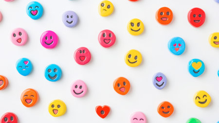 A vibrant collection of colorful emoji faces scattered on a white background, ideal for expressing joy, fun, and communication in creative projects.の素材
