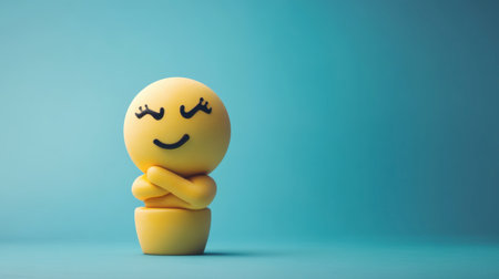 This delightful image features a charming smiling figure with crossed arms, embodying joy and playfulness, set against a soft, colorful background.の素材