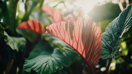 A close-up of a stunning leaf illuminated by sunlight, showcasing intricate textures and vibrant colors. This image captures the beauty of nature in a tropical setting.の素材