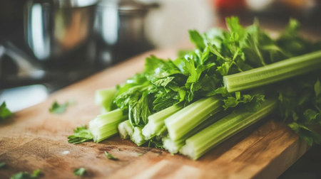 Fresh celery stalks laid on a wooden cutting board, showcasing vibrant green color and crisp texture, ideal for healthy cooking and meal preparation.の素材