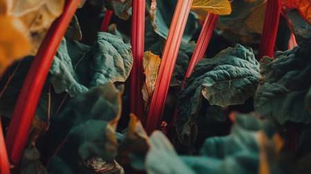 A close-up view of vibrant rhubarb stems surrounded by lush green foliage, showcasing the beauty of fresh produce in a natural setting. Perfect for food and gardening themes.の素材