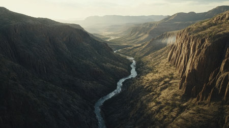A breathtaking view of a river winding through a stunning mountain valley, showcasing the beauty of nature in a serene and quiet landscape.の素材