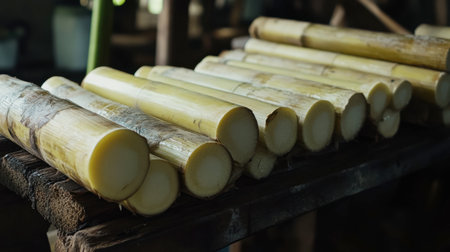 Fresh sugar cane sticks lined up on a wooden table, showcasing their vibrant color and natural texture. Ideal for agriculture and food themes.の素材