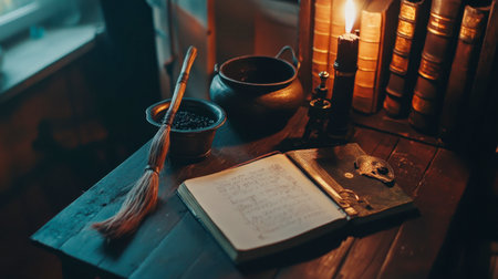 A vintage study scene featuring a candlelit atmosphere, an open notebook, and various writing tools, creating a cozy and inspiring workspace for creativity.の素材