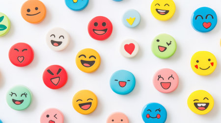 A vibrant display of colorful emoji buttons on a white background, showcasing various expressions and emotions. Perfect for cheerfulness and creativity.の素材