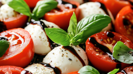 Enjoy a vibrant Caprese salad featuring fresh tomatoes, creamy mozzarella, and fragrant basil, drizzled with olive oil and balsamic. Perfect for summer!の素材