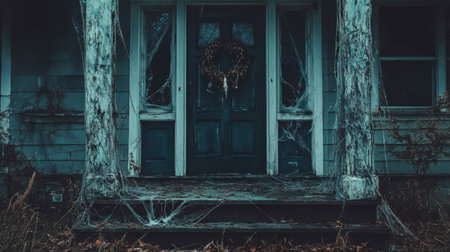 A haunting porch illustrates a spooky atmosphere with spider webs, an old door, and a seasonal wreath, perfect for Halloween or eerie scenes.の素材