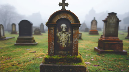 A misty graveyard scene featuring a tombstone with a skeleton, shrouded in fog. This eerie landscape evokes themes of mystery and tranquility, perfect for Halloween.の素材