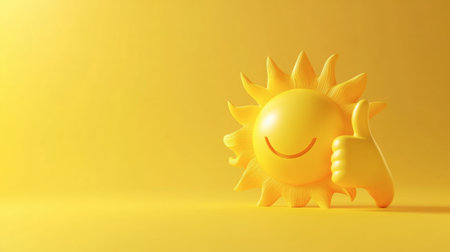 This cheerful sun character features a bright yellow color, a friendly smile, and a thumbs-up gesture, symbolizing positivity and happiness. Perfect for cheerful designs!の素材