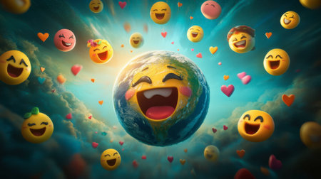 A cheerful Earth surrounded by vibrant and playful emojis exuding happiness. This colorful design captures joy and positive emotions in a lively atmosphere.の素材