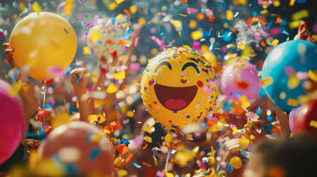 A lively celebration filled with colorful balloons and confetti, capturing the essence of joy and excitement. Perfect for any festive occasion or event theme.の素材