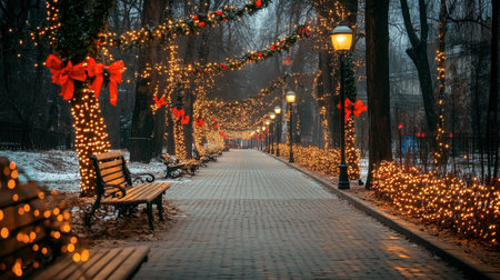 A beautiful winter pathway adorned with holiday lights and festive decorations. The charming scene features benches and illuminated trees, creating a magical atmosphere.の素材