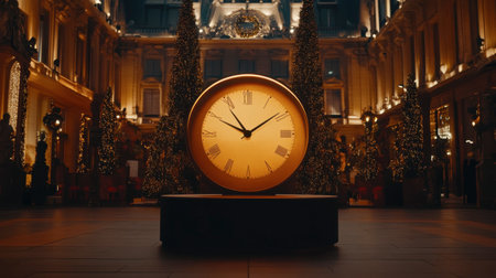 An elegant clock stands prominently in a beautifully decorated space full of festive holiday decorations, creating a warm and inviting atmosphere.の素材