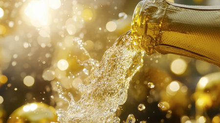 A vibrant image of champagne pouring from a bottle, capturing the essence of celebration. The sparkling bubbles create an inviting and festive atmosphere.の素材