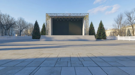 A spacious outdoor stage framed by evergreen trees under a clear blue sky, perfect for events, performances, or celebrations in a scenic setting.の素材