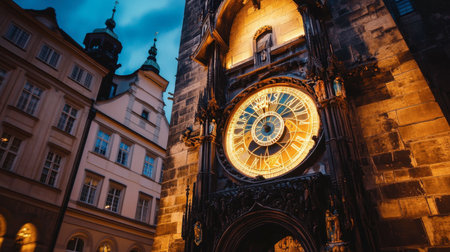 Experience the beauty of the Prague Astronomical Clock at twilight, showcasing detailed architecture and rich history against a stunning evening sky.の素材