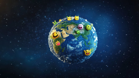 A vibrant illustration of Earth adorned with joyful smiley icons, floating in the cosmos. Perfect for themes of happiness, environments, and creativity.の素材