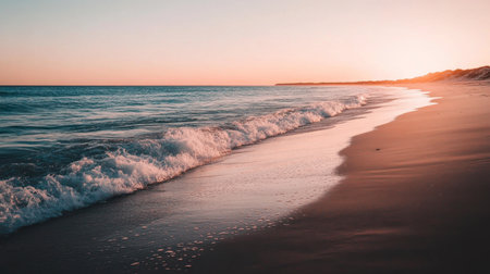 A peaceful beach scene capturing soft waves lapping at the shore during a stunning sunset. The warm colors and tranquil atmosphere create a perfect getaway.の素材