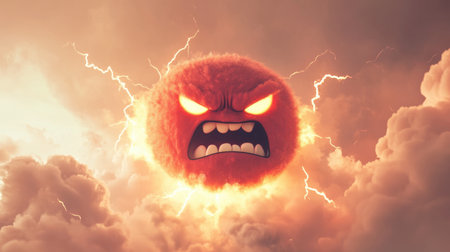 A vibrant illustration of an angry sun expressing fury within a stormy sky, featuring dramatic lightning and thick clouds, conveying intense emotions.の素材