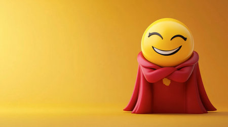 This playful emoji character wearing a red cape exudes happiness against a bright yellow background, perfect for conveying joy and positivity in designs.の素材