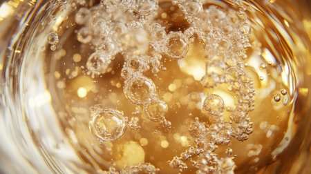 This close-up image captures the beauty of bubbles rising in a sparkling beverage, showcasing the effervescence and golden color, perfect for drink-related themes.の素材