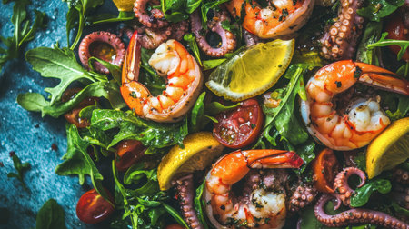 A vibrant and colorful seafood salad featuring succulent shrimp and octopus, served on a bed of fresh greens, complemented by zesty lemon and herbs.の素材