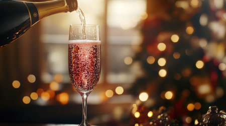 Celebrate the season with a glass of champagne being poured, creating a delightful atmosphere filled with bubbles and warm bokeh lights. Perfect for joyful moments.の素材