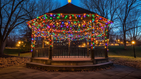 A beautifully illuminated gazebo adorned with colorful lights during twilight. This enchanting scene captures a festive atmosphere perfect for celebrations.の素材