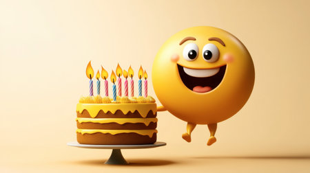 A cheerful emoji character celebrating with a colorful birthday cake adorned with candles. Perfect for conveying joy and fun during birthday festivities.の素材
