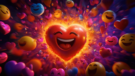 A vibrant heart radiates joy surrounded by colorful emojis, symbolizing happiness and love. Perfect for themes of positivity and celebration.の素材