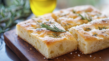 This image showcases a delicious focaccia bread topped with fresh rosemary, drizzled with olive oil, perfect for any culinary delight or meal.の素材
