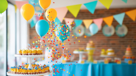 A vibrant party scene featuring a beautifully decorated cake, colorful balloons, and festive decorations, perfect for celebrations or children's events.の素材