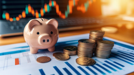 A piggy bank standing near stacks of coins represents savings and financial growth. An upward trend chart in the background symbolizes investment potential.の素材