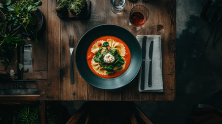 A beautifully presented pasta dish featuring fresh spinach and herbs in a vibrant red sauce. Ideal for showcasing culinary delights in dining settings.の素材