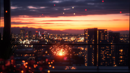 A stunning view of a city skyline at sunset, adorned with sparklers in the foreground, creating a festive atmosphere perfect for celebrations or romantic evenings.の素材