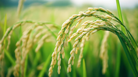 A close-up view of fresh rice plants ready for harvest, showcasing delicate grains against a lush green backdrop. Captures the essence of agriculture and nature.の素材