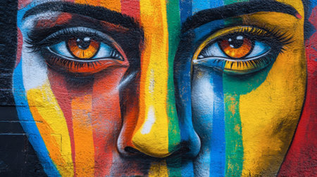 This striking mural features a woman's face with vibrant colors, captivating eyes, and bold stripes, showcasing street art creativity and emotional depth.の素材