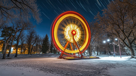 A vibrant ferris wheel spins in a snowy park at night, illuminated by colorful lights. The long exposure captures the dynamic motion amidst a serene winter landscape.の素材
