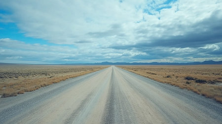 A stunning view of an empty dirt road stretching into the distance, surrounded by open plains and dramatic skies, evoking a sense of freedom and adventure.の素材